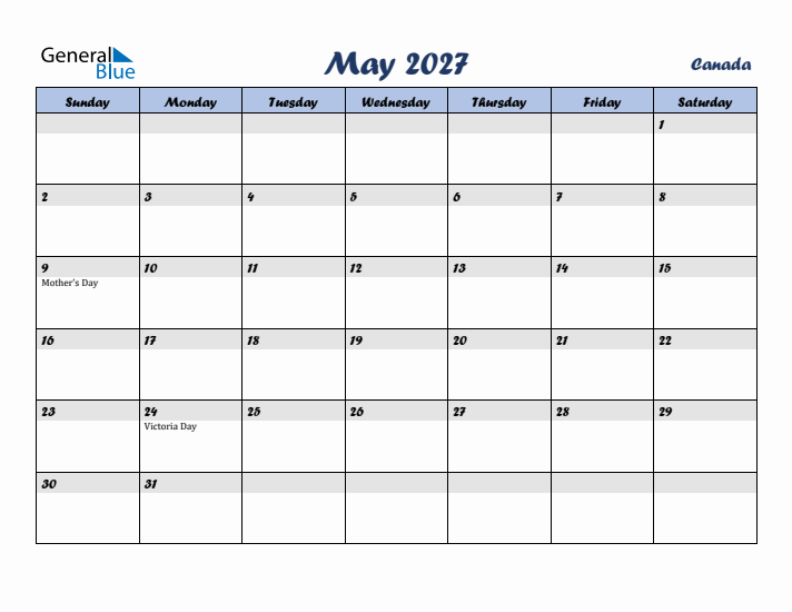 May 2027 Calendar with Holidays in Canada