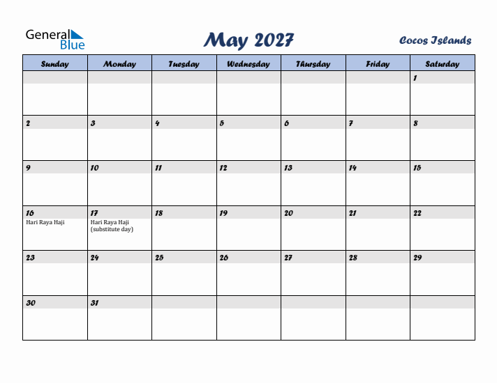 May 2027 Calendar with Holidays in Cocos Islands