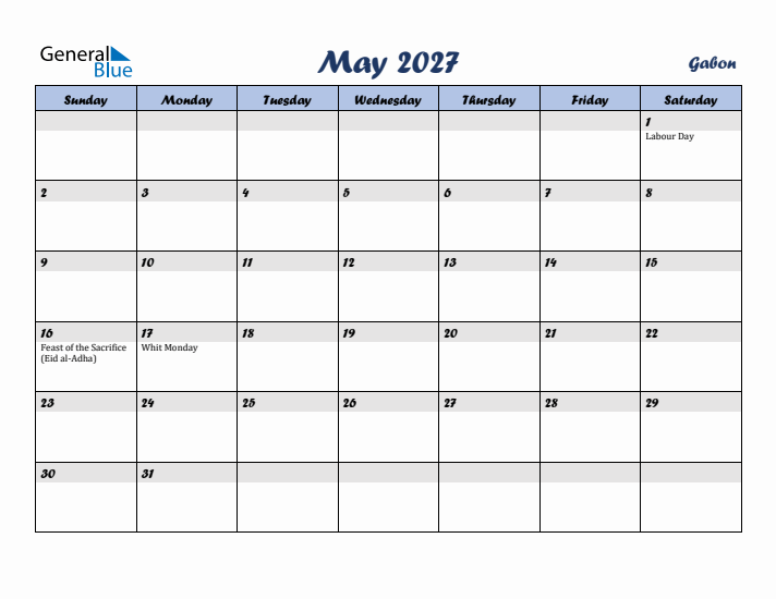 May 2027 Calendar with Holidays in Gabon