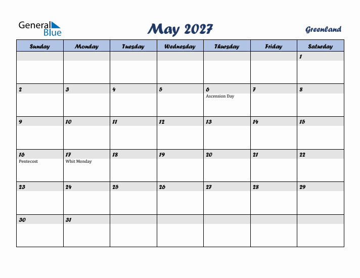 May 2027 Calendar with Holidays in Greenland