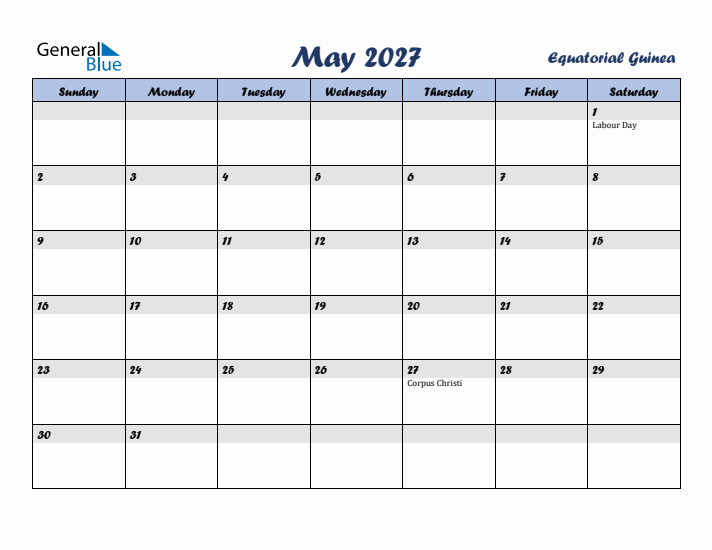 May 2027 Calendar with Holidays in Equatorial Guinea