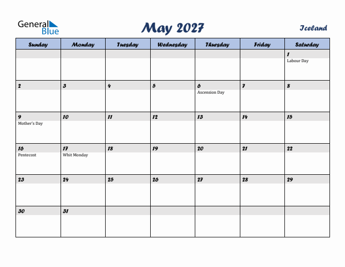 May 2027 Calendar with Holidays in Iceland