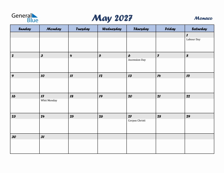 May 2027 Calendar with Holidays in Monaco