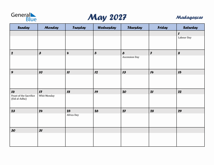 May 2027 Calendar with Holidays in Madagascar