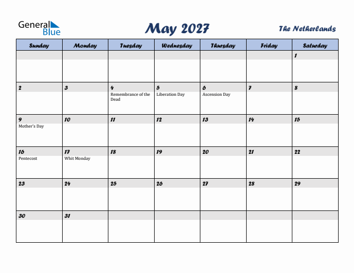 May 2027 Calendar with Holidays in The Netherlands