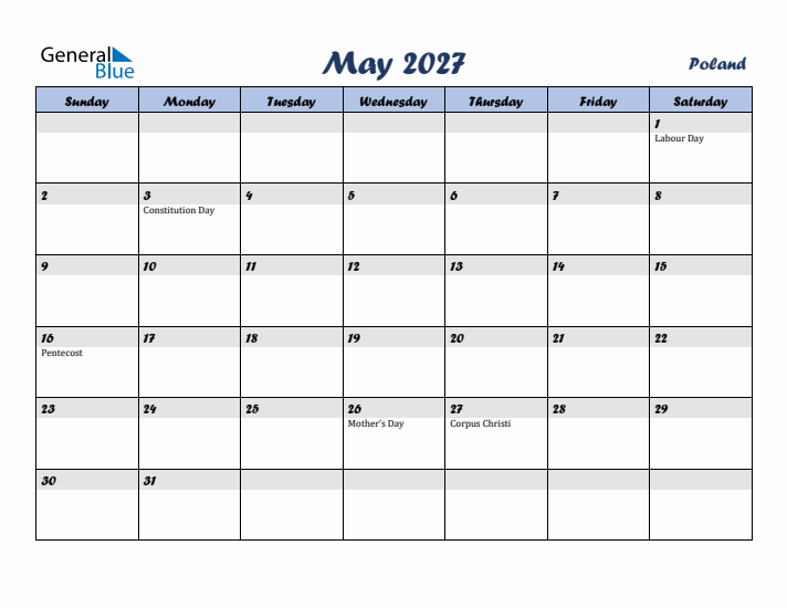 May 2027 Calendar with Holidays in Poland