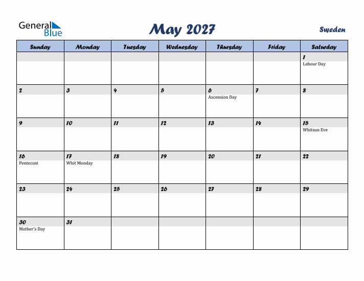 May 2027 Calendar with Holidays in Sweden