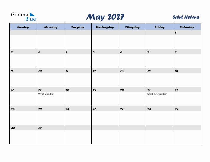 May 2027 Calendar with Holidays in Saint Helena