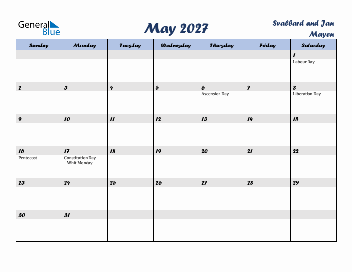 May 2027 Calendar with Holidays in Svalbard and Jan Mayen