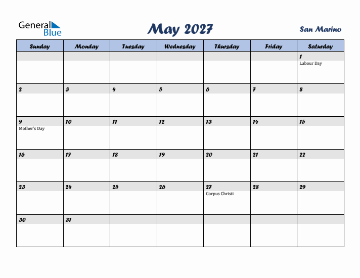 May 2027 Calendar with Holidays in San Marino