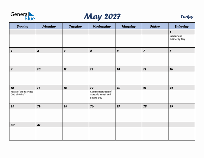 May 2027 Calendar with Holidays in Turkey