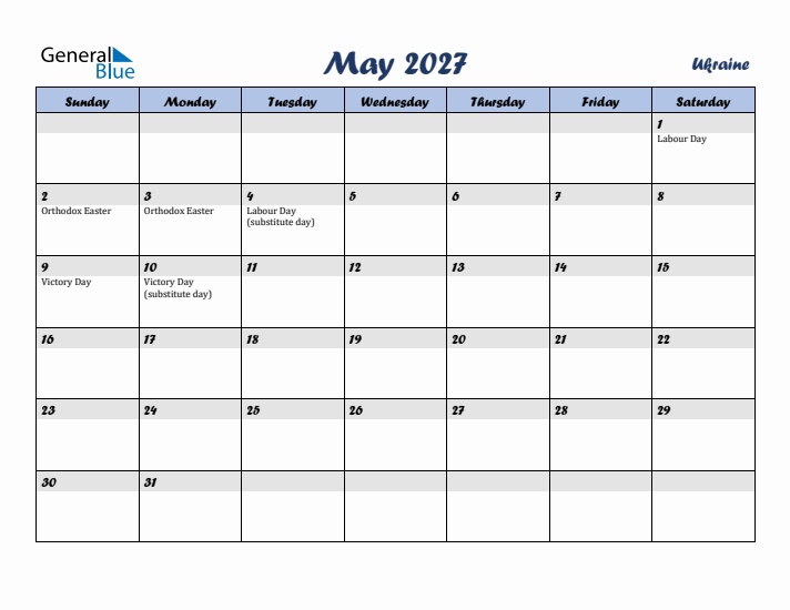 May 2027 Calendar with Holidays in Ukraine