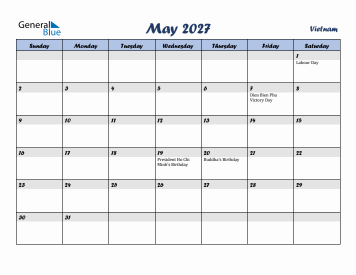 May 2027 Calendar with Holidays in Vietnam