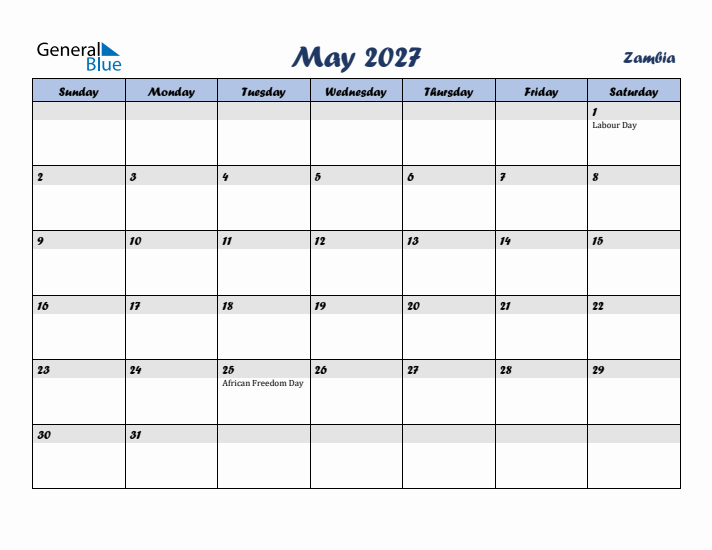 May 2027 Calendar with Holidays in Zambia