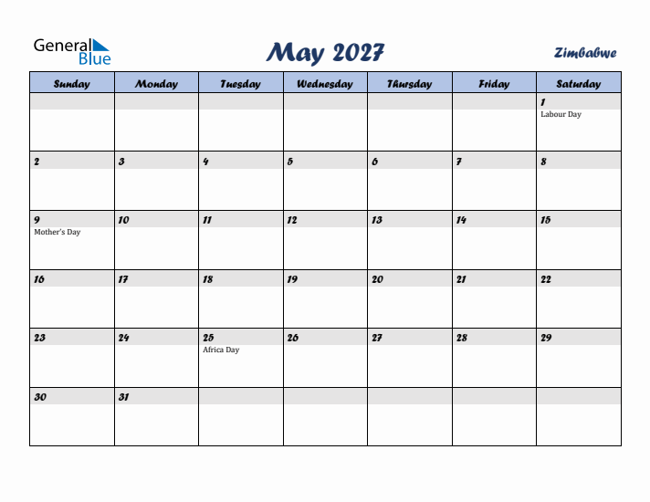 May 2027 Calendar with Holidays in Zimbabwe