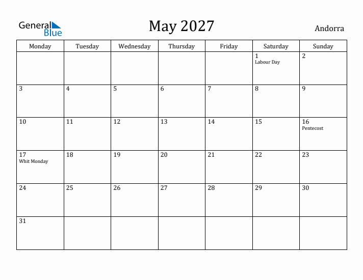 May 2027 Calendar Andorra