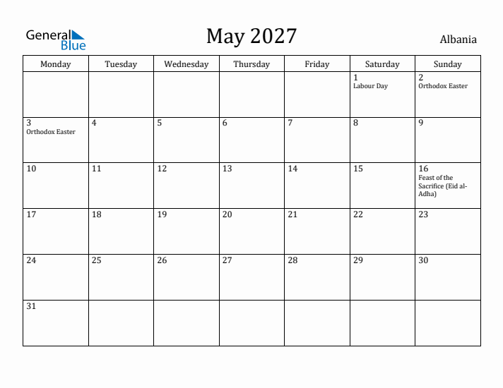 May 2027 Calendar Albania