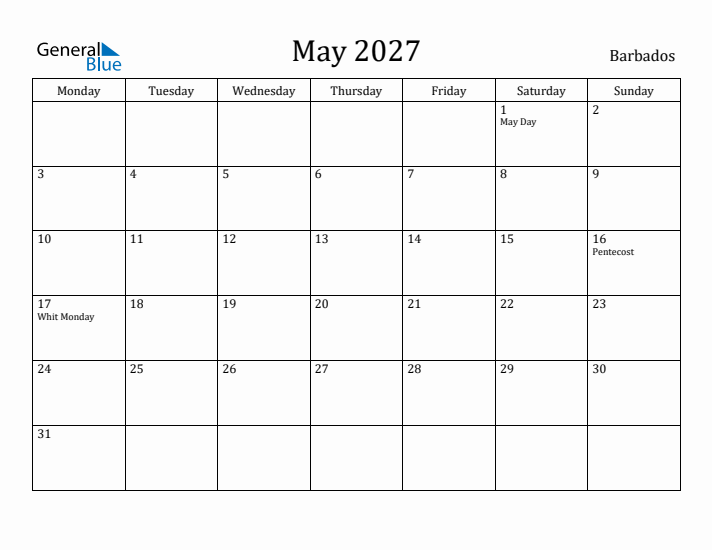 May 2027 Calendar Barbados