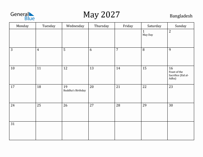 May 2027 Calendar Bangladesh