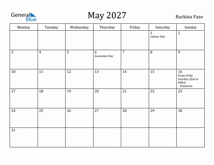 May 2027 Calendar Burkina Faso