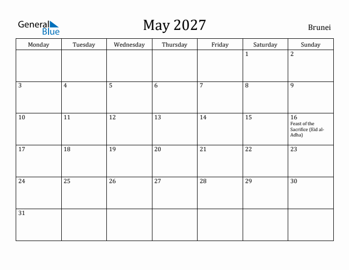 May 2027 Calendar Brunei