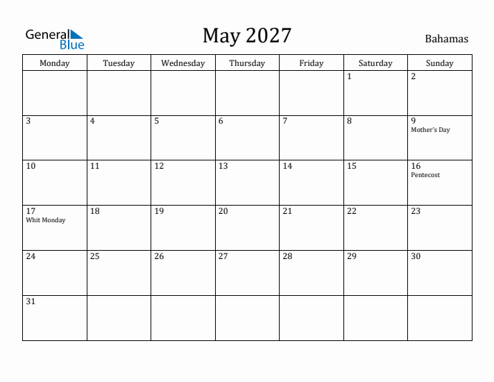 May 2027 Calendar Bahamas