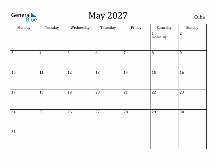 May 2027 Calendar Cuba