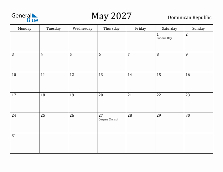 May 2027 Calendar Dominican Republic