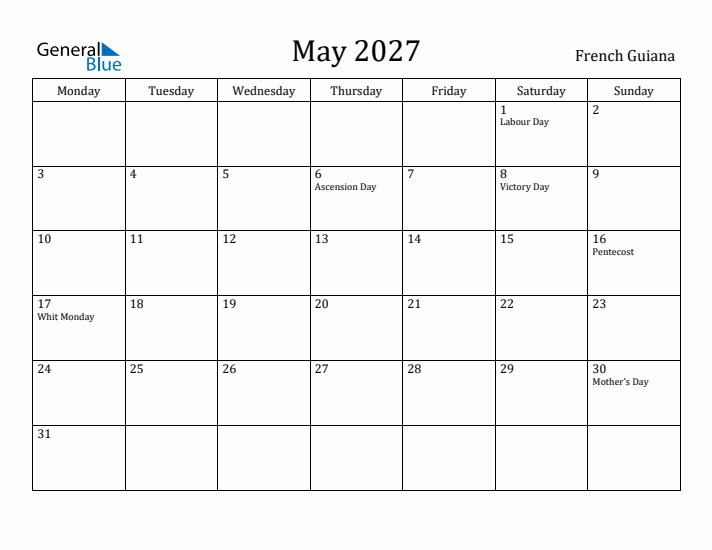 May 2027 Calendar French Guiana