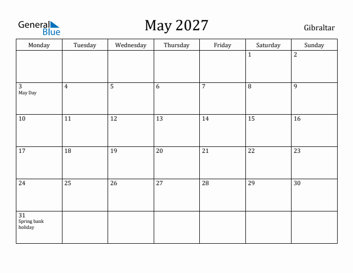 May 2027 Calendar Gibraltar