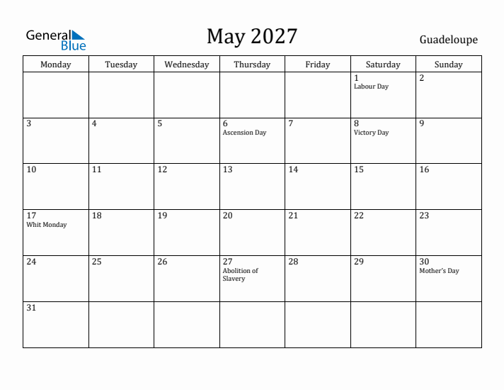 May 2027 Calendar Guadeloupe