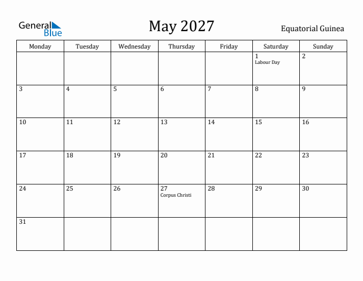 May 2027 Calendar Equatorial Guinea