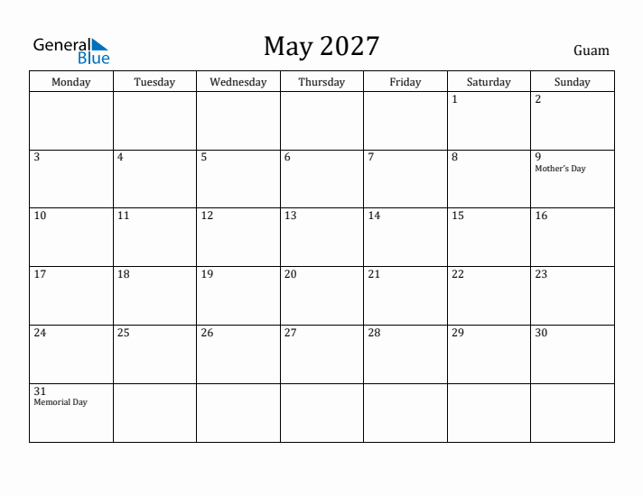 May 2027 Calendar Guam