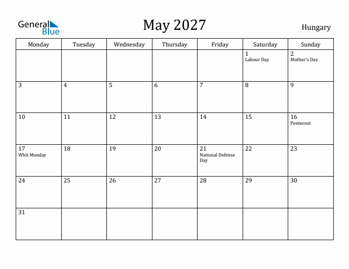 May 2027 Calendar Hungary