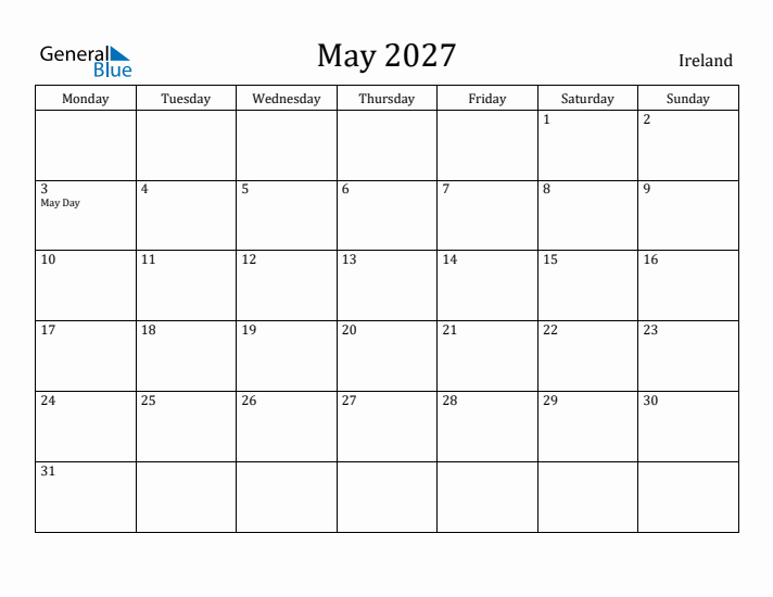 May 2027 Calendar Ireland