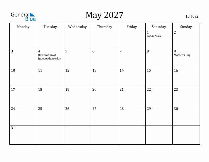 May 2027 Calendar Latvia