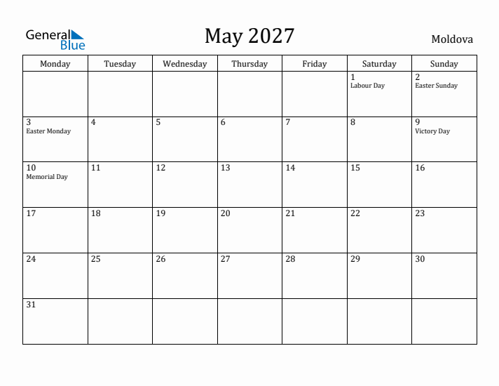 May 2027 Calendar Moldova