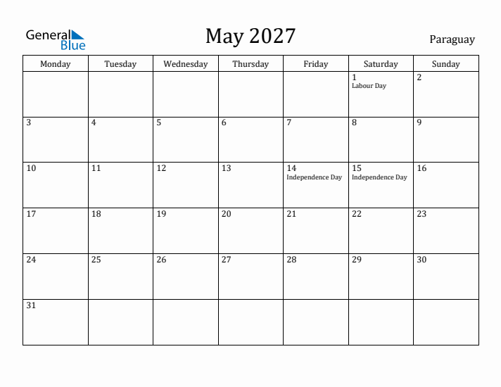 May 2027 Calendar Paraguay