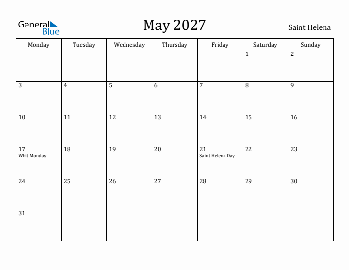 May 2027 Calendar Saint Helena