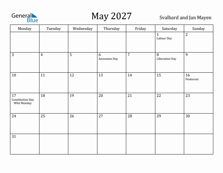 May 2027 Calendar Svalbard and Jan Mayen