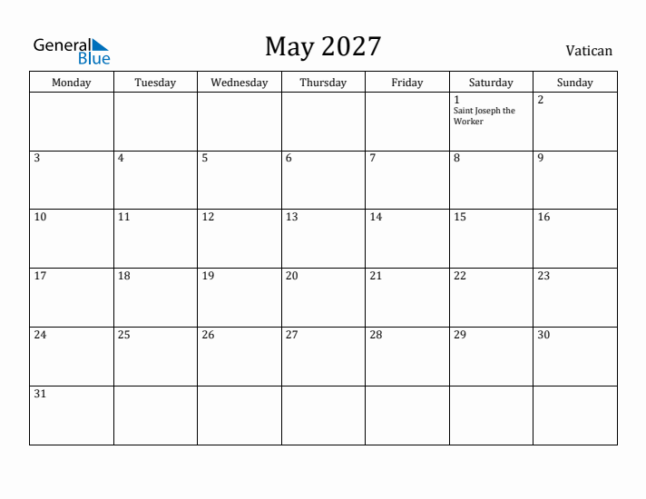 May 2027 Calendar Vatican