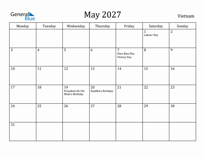 May 2027 Calendar Vietnam