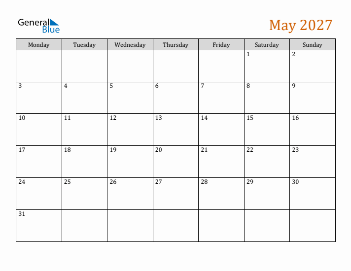 Editable May 2027 Calendar