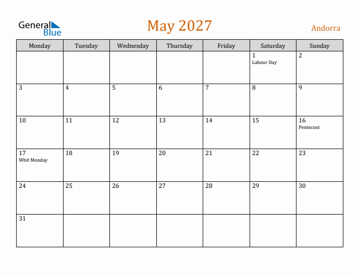 May 2027 Holiday Calendar with Monday Start