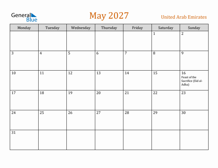 May 2027 Holiday Calendar with Monday Start