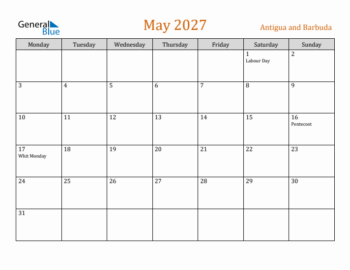 May 2027 Holiday Calendar with Monday Start