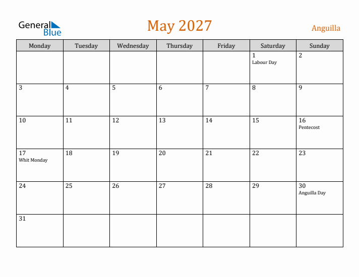 May 2027 Holiday Calendar with Monday Start