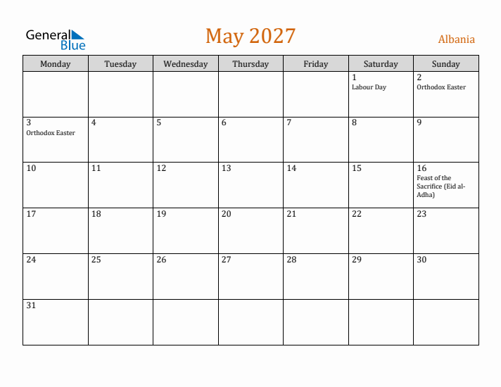 May 2027 Holiday Calendar with Monday Start