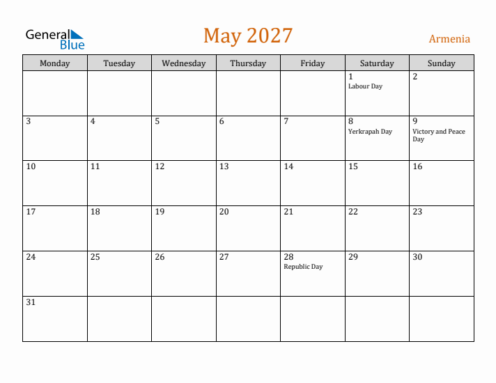 May 2027 Holiday Calendar with Monday Start