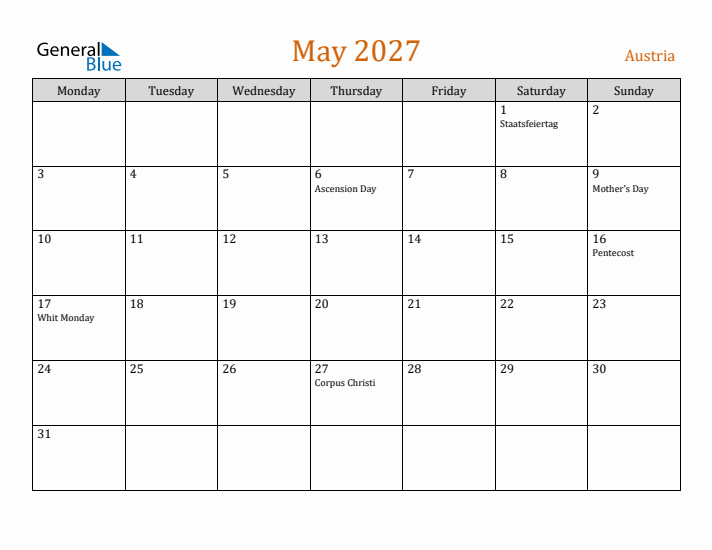 May 2027 Holiday Calendar with Monday Start